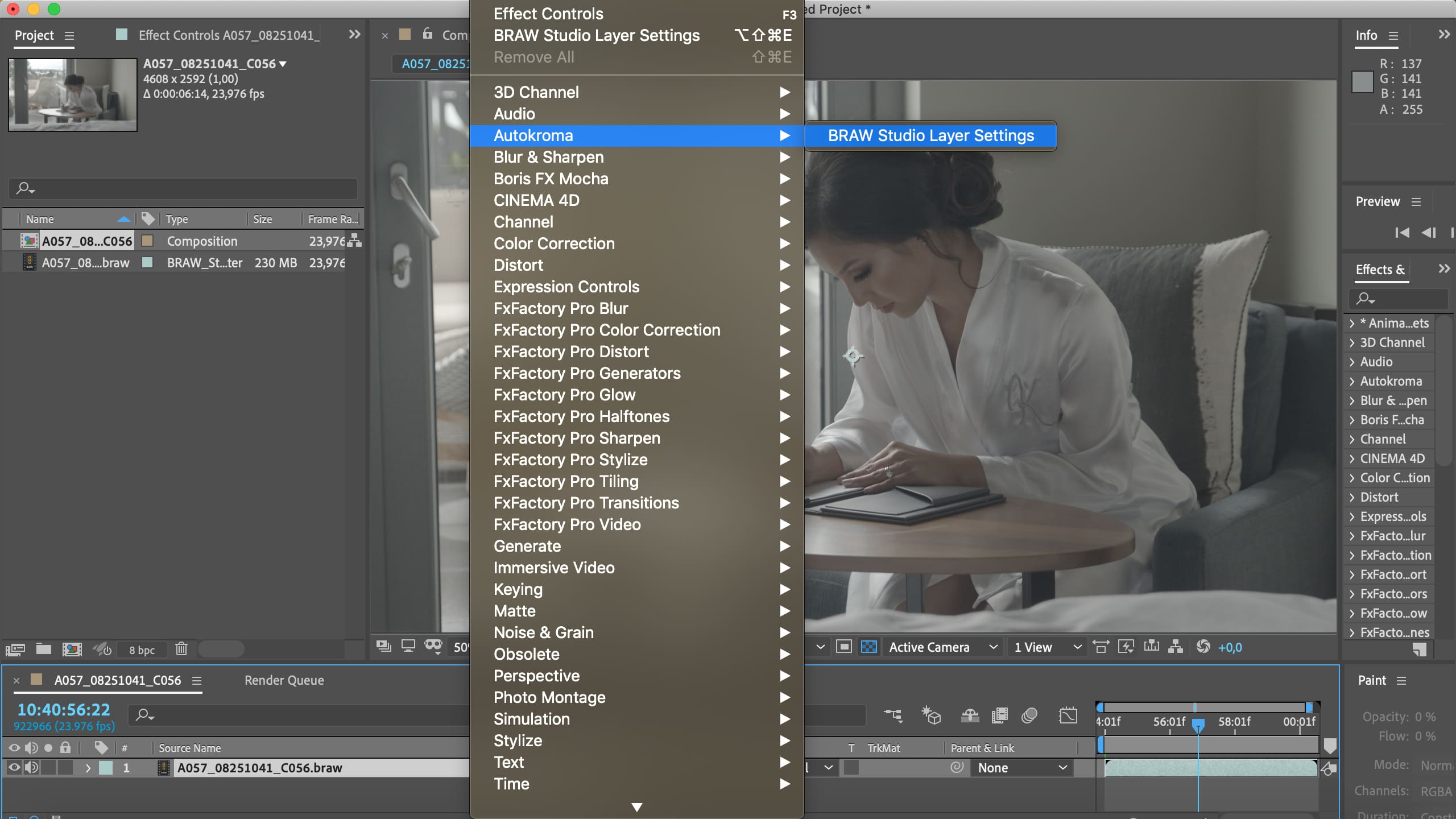 BRAW Studio for Adobe After Effects on macOS (Blackmagic RAW importer plugin screenshot)